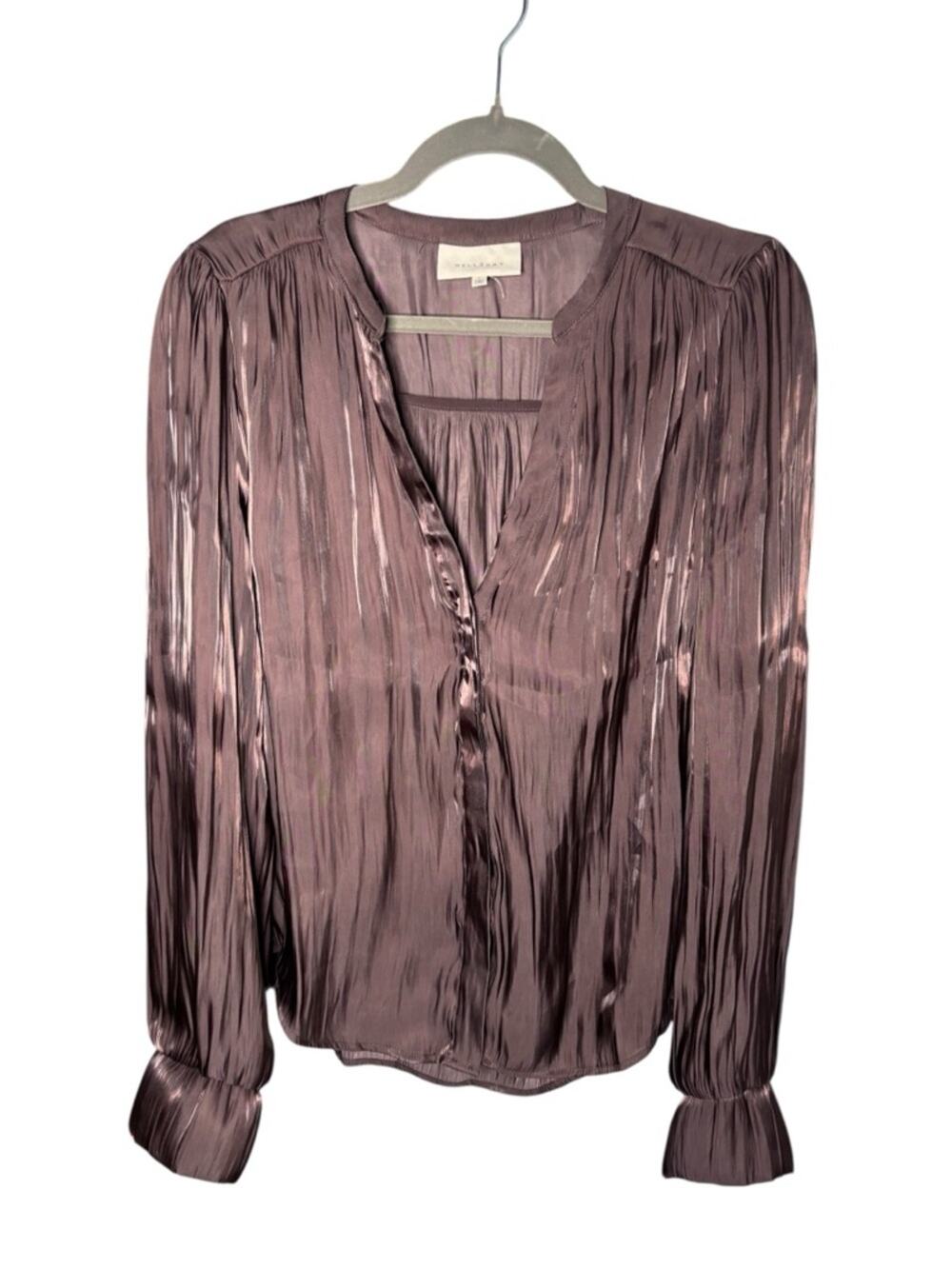 Melloday Brown Shimmery Low V Neck Blouse Long Sleeve Large